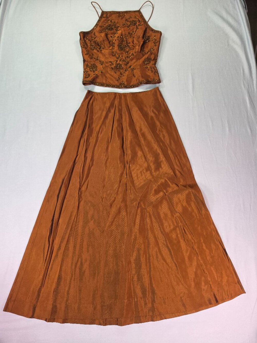 Vintage 90s Coty USA Beaded 2 Piece Halter Maxi Dress Set Bronze Copper Small